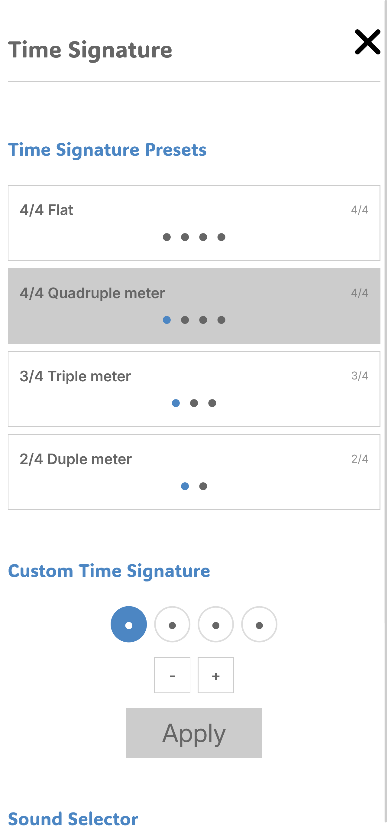 Time signature screen: presets with accents shown as blue dots, and a custom time signature editor