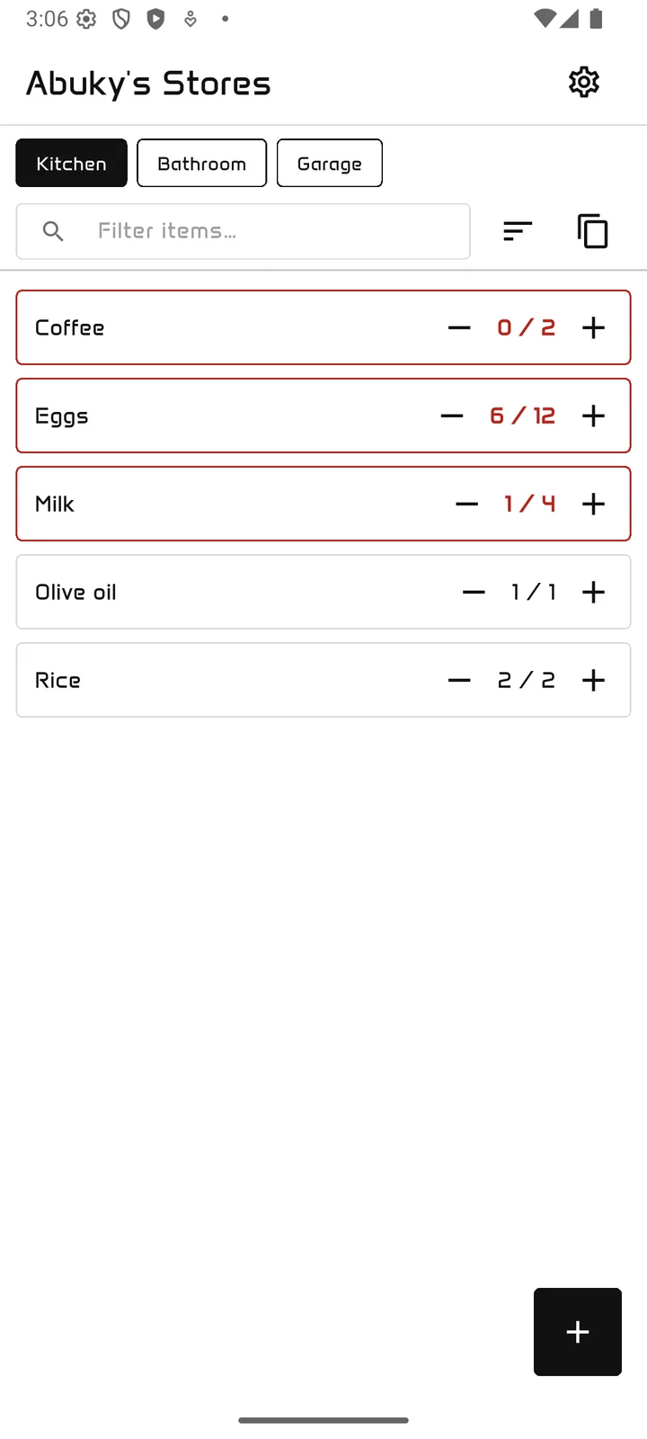 The list filtered to the Kitchen store