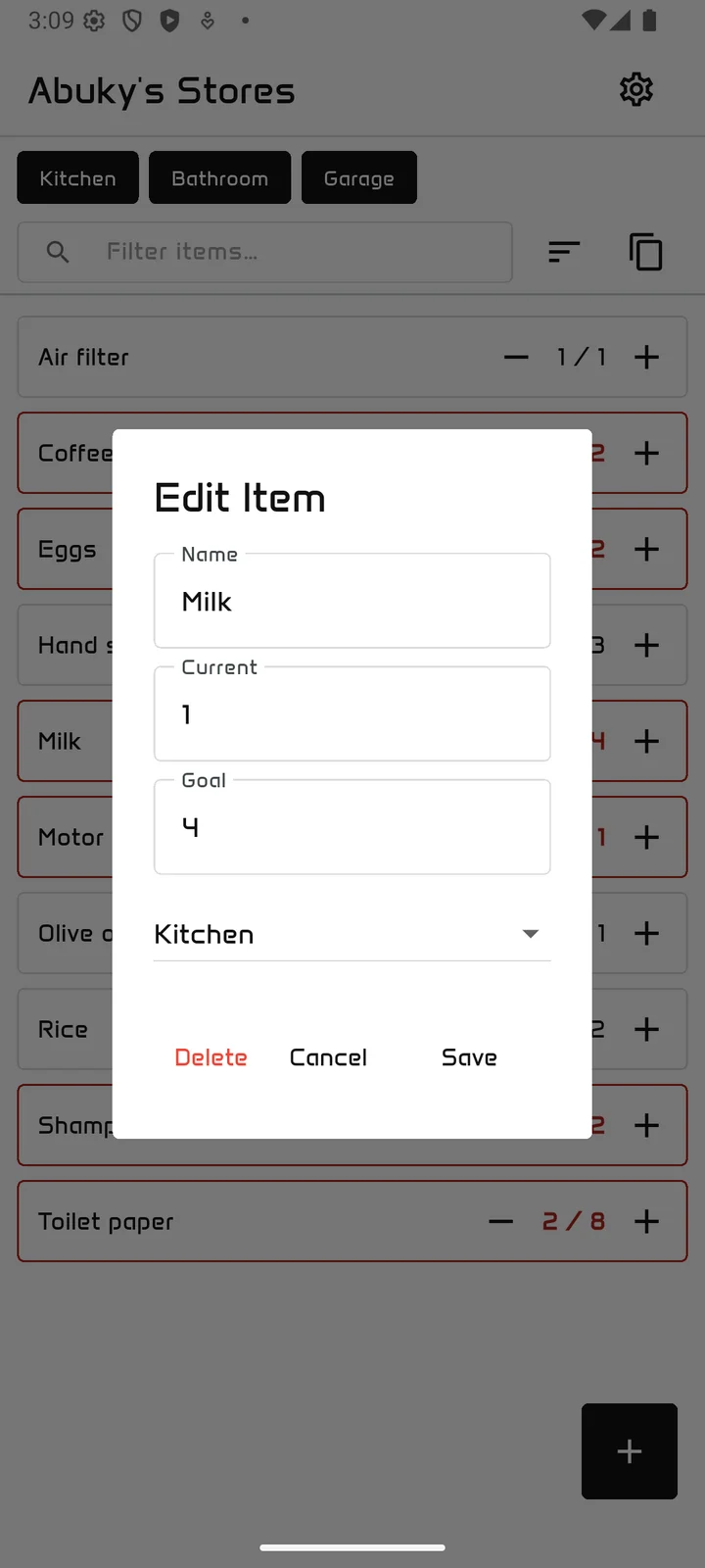 Editing an item: name, current amount, goal and store